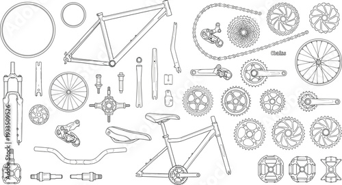 Black line illustrations of mountain bike frames exploded mechanical components drivetrain parts and bicycle maintenance repair schematics
