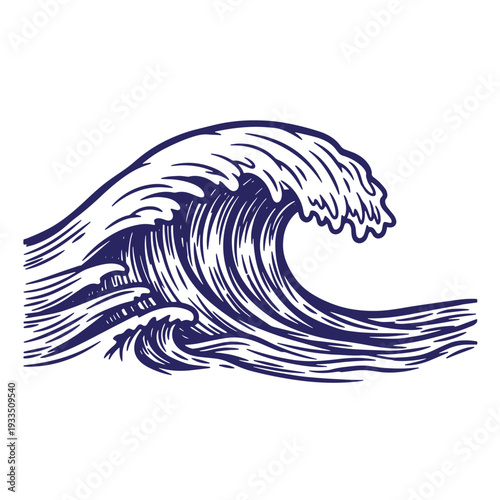 Illustration of a large ocean wave crashing with white and blue colors  a stylized drawing of a powerful sea wave