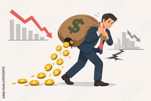 Businessman in Suit Carrying a Large Money Bag with a Hole Losing Golden Coins During a Financial Crisis and Economic Recession with a Downward Trending Chart and Market Crash Illustration.