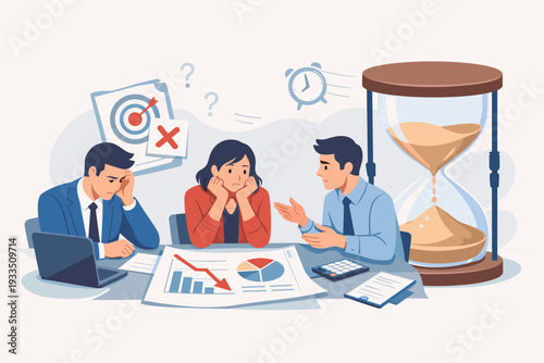 Business Team Feeling Stressed and Worried About Missed Goals and Deadlines, Looking at Declining Financial Charts with a Large Hourglass Representing Time Pressure and Management Challenges