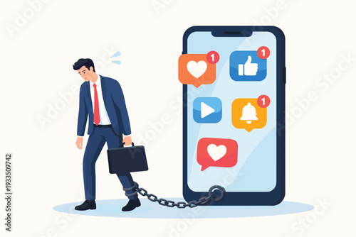 Businessman Chained to Giant Smartphone with Social Media Icons, Illustrating Digital Addiction, Social Media Slavery, Technology Dependency, and Mental Health Issues in Modern Work Life