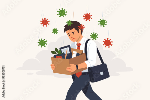 Sad businessman carrying a cardboard box of personal belongings after being fired or laid off during the coronavirus pandemic, economic crisis and unemployment concept with virus pathogens falling