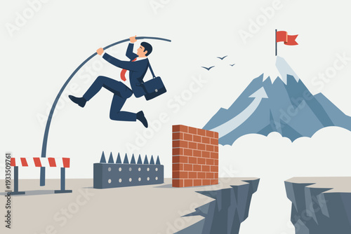 Businessman pole vaulting over obstacles like hurdles, spikes, brick walls, and a deep chasm to reach a mountain peak goal, symbolizing career success, determination, and overcoming barriers.