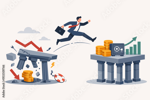 Businessman jumping from a crumbling platform with red arrows to a stable foundation with gold coins and a safe, representing financial risk management, economic recovery, and business growth.