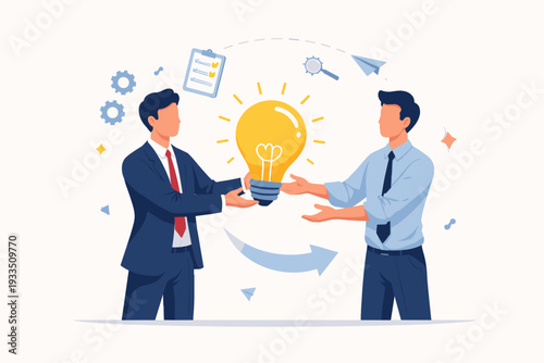 Two professional businessmen exchanging a large lightbulb symbol for innovation, project handoff, and collaborative problem solving, featuring office icons like gears, checklist, and arrows.