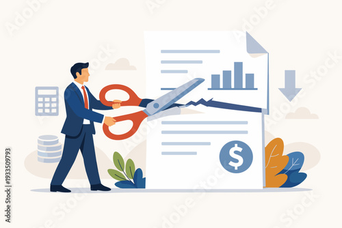 Businessman in Suit Using Large Scissors to Cut Tax Bill or Invoice Document for Cost Reduction and Budget Savings Concept, Flat Vector Illustration of Financial Management and Economy Strategy