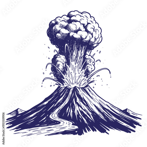 Illustration of a volcanic eruption with a large smoke cloud and lava flow on a plain background