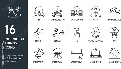 Black line IoT icons for smart home connected cars 5G cloud services sensors data centers and surveillance