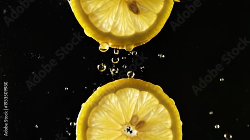 Lemon Slices Falling Into Water With Droplets And Black Background.
