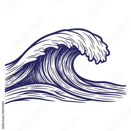 large ocean wave crashing with white foam on top in dark blue lines on white background