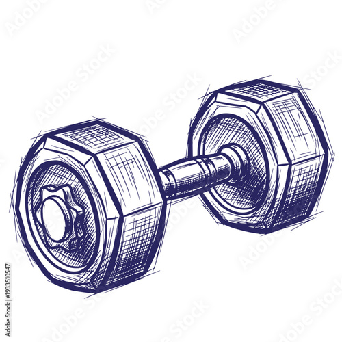 Sketch of a dumbbell weight with hexagonal ends and a central handle for strength training exercises  fitness equipment