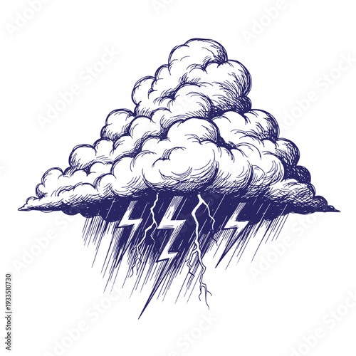 stormy weather illustration with dark cloud and lightning bolts falling rain  natural disaster concept