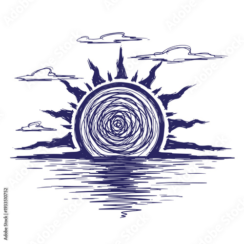 stylized illustration of sun rising over water with spiral center and clouds in sky