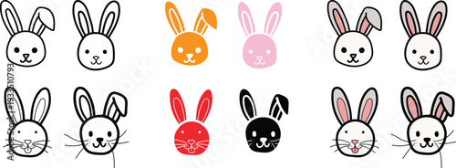 Collection of twelve cartoon bunny faces in various colors