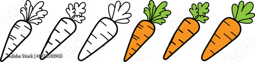 Six cartoon carrots outlined and colored vegetable