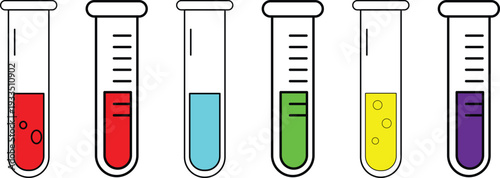 Six colorful test tubes with liquids and markings laboratory