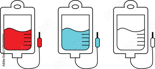Three I V bags with red blue and clear liquid iv bag
