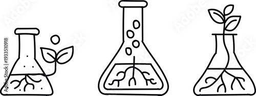 Three outline of plants growing in laboratory flasks