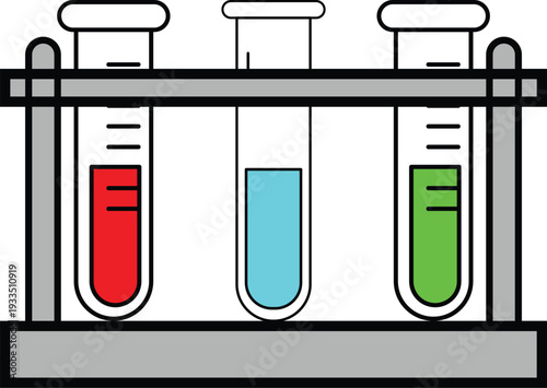 Three test tubes with colored liquids in a rack laboratory