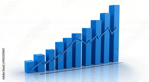 3D bar graph showing upward trend with blue bars and overlaying line graph on reflective surface Free Download 3D bar graph showing upward trend with blue bars and overlaying line graph on reflective surface - GFXLoad