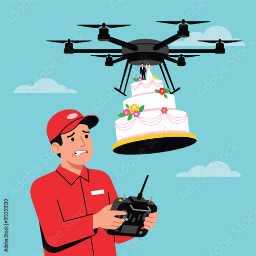 Drone Delivering Wedding Cake with Worried Man Controlling.