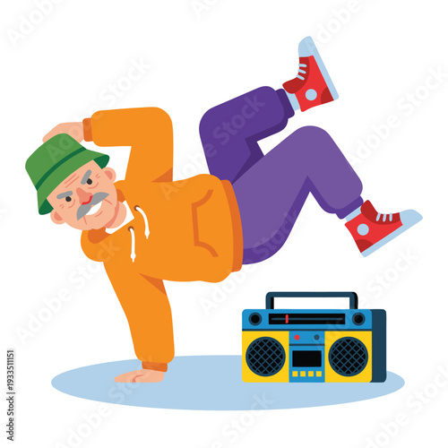 Elderly Man Breakdancing with Boombox.