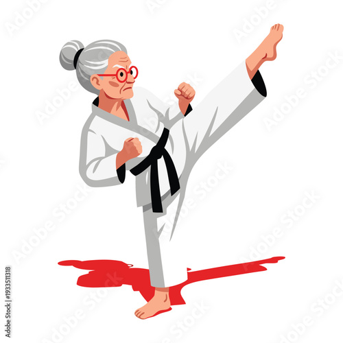 Elderly Woman Performing High Kick in Karate Uniform.