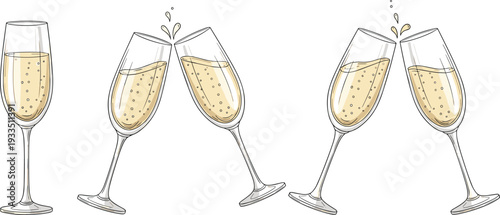 Champagne Glasses Set with Sparkling Wine Toast Celebration Clinking Flutes Elegant Party Drink Vector Illustration Collection
