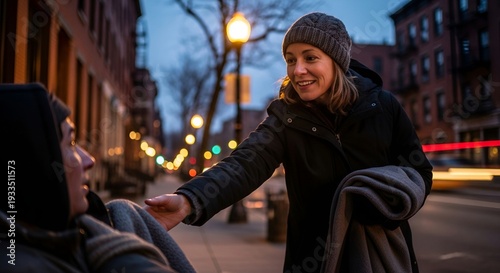 Smiling woman giving blanket to homeless person on city street at dusk — charity and solidarity concept