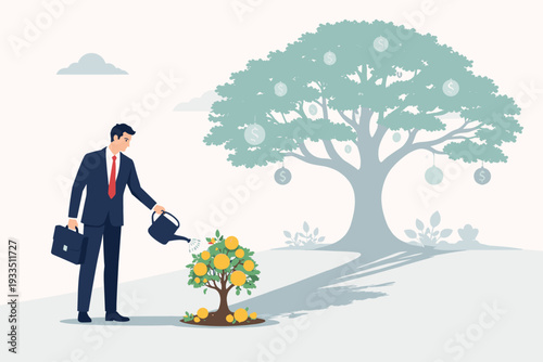 Businessman watering a small money tree with gold coins, casting a shadow of a large mature tree, symbolizing long-term investment, financial growth, future wealth, and strategic business vision.