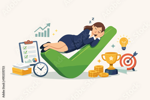 Businesswoman Sleeping on a Large Green Checkmark After Successfully Completing Business Assignments, Successful Work Plan Achievement, Rest and Relaxation After Productive Office Tasks Vector