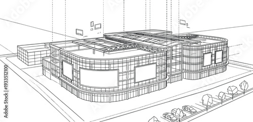Professional black vector architecture illustration of aerial perspective for parametric commercial mall with integrated parking and signage
