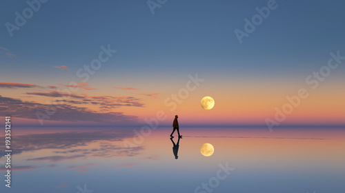 Minimalist Silhouette Of A Person Walking Across Mirror-Like Water With Full Moon At Sunset