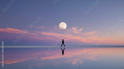 Silhouette Walking Along Reflective Water Under a Full Moon At Twilight In Minimal Landscape