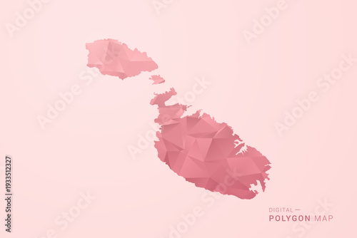 Malta Map - Polygon Style Vector Illustration in Soft Pink Valentine Theme, Low Poly Geometric Design, Isolated on Pastel Background.