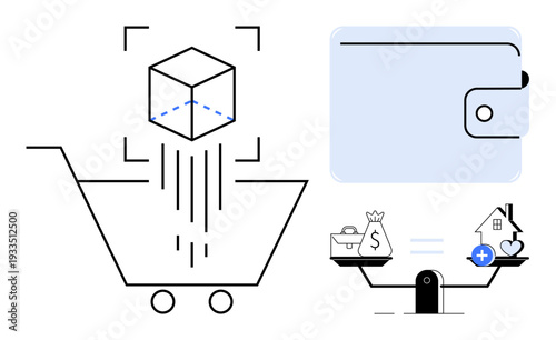 E-commerce concept. E-commerce with a shopping cart, digital wallet, and balanced values. E-commerce growth and customer transaction management. For finance, digital trade, online shopping, retail