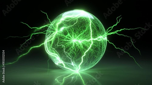 Green energy electric sphere plasma ball glowing orb lightning neon light electricity science futuristic abstract fantasy magic storm glowing energy sphere dark background neon green lightning streak