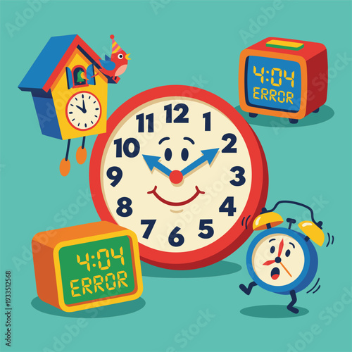 Funny cartoon clocks with errors and a cuckoo clock.