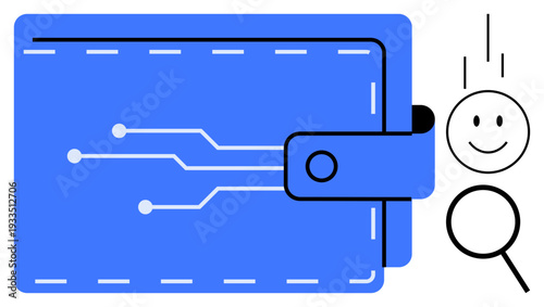 Blue wallet with circuit lines symbolizing digital connection and encryption, magnifying glass emphasizing transparency. Ideal for finance, cryptocurrency, cybersecurity, innovation, safety
