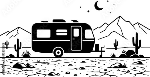 Camper Trailer by Lake Vector Illustration, Black and White Outdoor Travel Art
