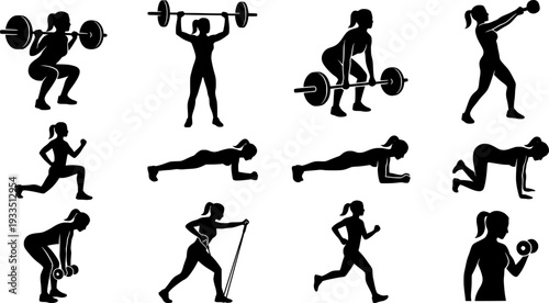 Woman weightlifting silhouettes, Woman fitness exercise silhouettes set
