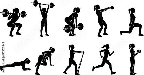 Woman weightlifting silhouettes, Woman fitness exercise silhouettes set
