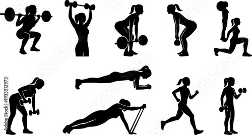 Woman weightlifting silhouettes, Woman fitness exercise silhouettes set
