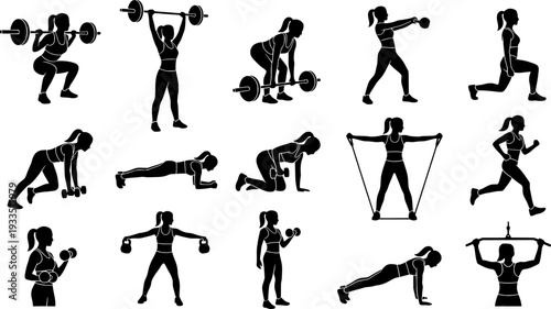 Woman weightlifting silhouettes, Woman fitness exercise silhouettes set
