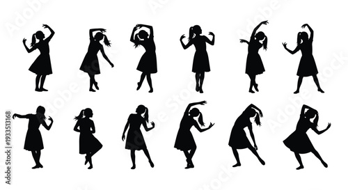 Collection of twelve black and white silhouettes showing young girls performing various dance poses