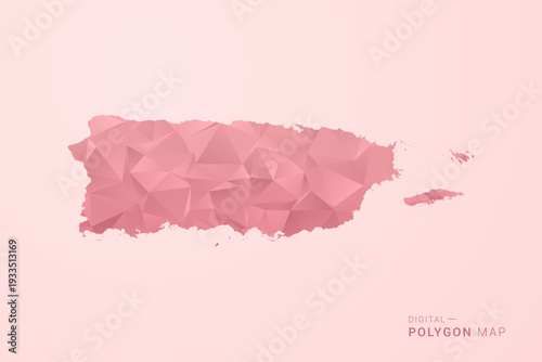 Puerto Rico Map - Polygon Style Vector Illustration in Soft Pink Valentine Theme, Low Poly Geometric Design, Isolated on Pastel Background.