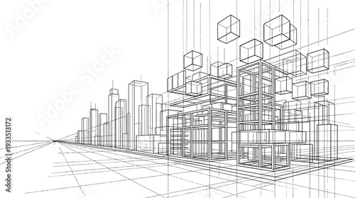 Professional black vector architecture wireframe of a modular city skyline with floating geometric cubes and urban grid