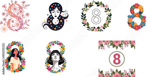 Set of elegant international women's day vector designs with floral number 8 and portraits