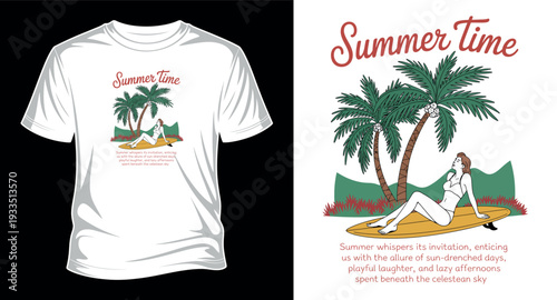 Summer time t-shirt design with woman on surfboard and palm trees graphic vector art print templet