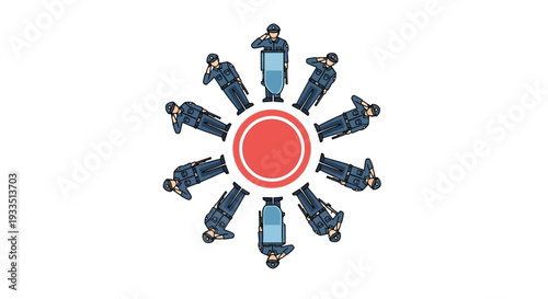 Vector illustration of a diverse team of men standing in a circle around a red logo, conveying a concept of leadership and teamwork on CISF Raising Day for Indian security forces
